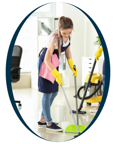 A oval shape frame and a man and woman are actively cleaning a room, organizing items and dusting surfaces together.