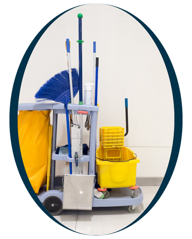 A oval shape frame and a cleaning cart equipped with a broom, mop, and bucket, ready for use in maintaining cleanliness.