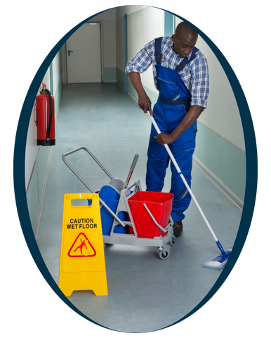 A oval shape frame and a man in blue overalls is cleaning a hallway with a mop, ensuring the area is tidy and well-maintained.