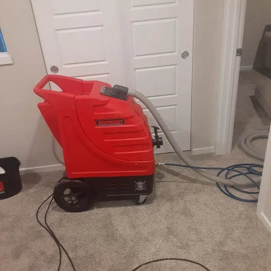 A red vacuum cleaner positioned in a tidy room, showcasing its sleek design against a neutral background.